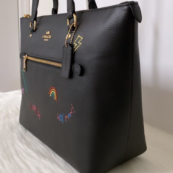 New Coach Gallery Tote Bag With Diary Embroidery/Pebble Leather/Black - Picture 3 of 11